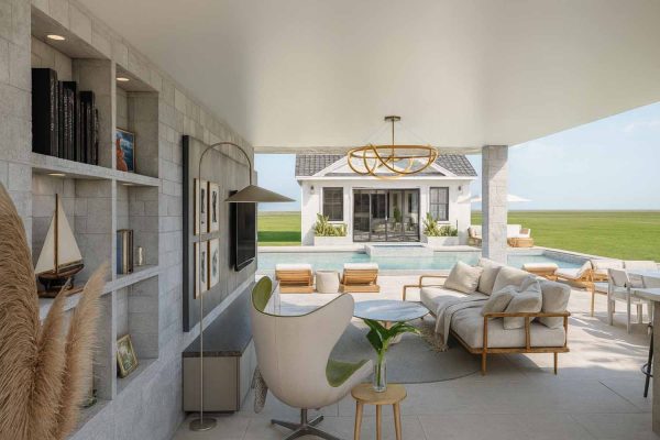 OUTDOOR SPACE LOKING OUT TO THE POOL AND THE POOL HOUSE